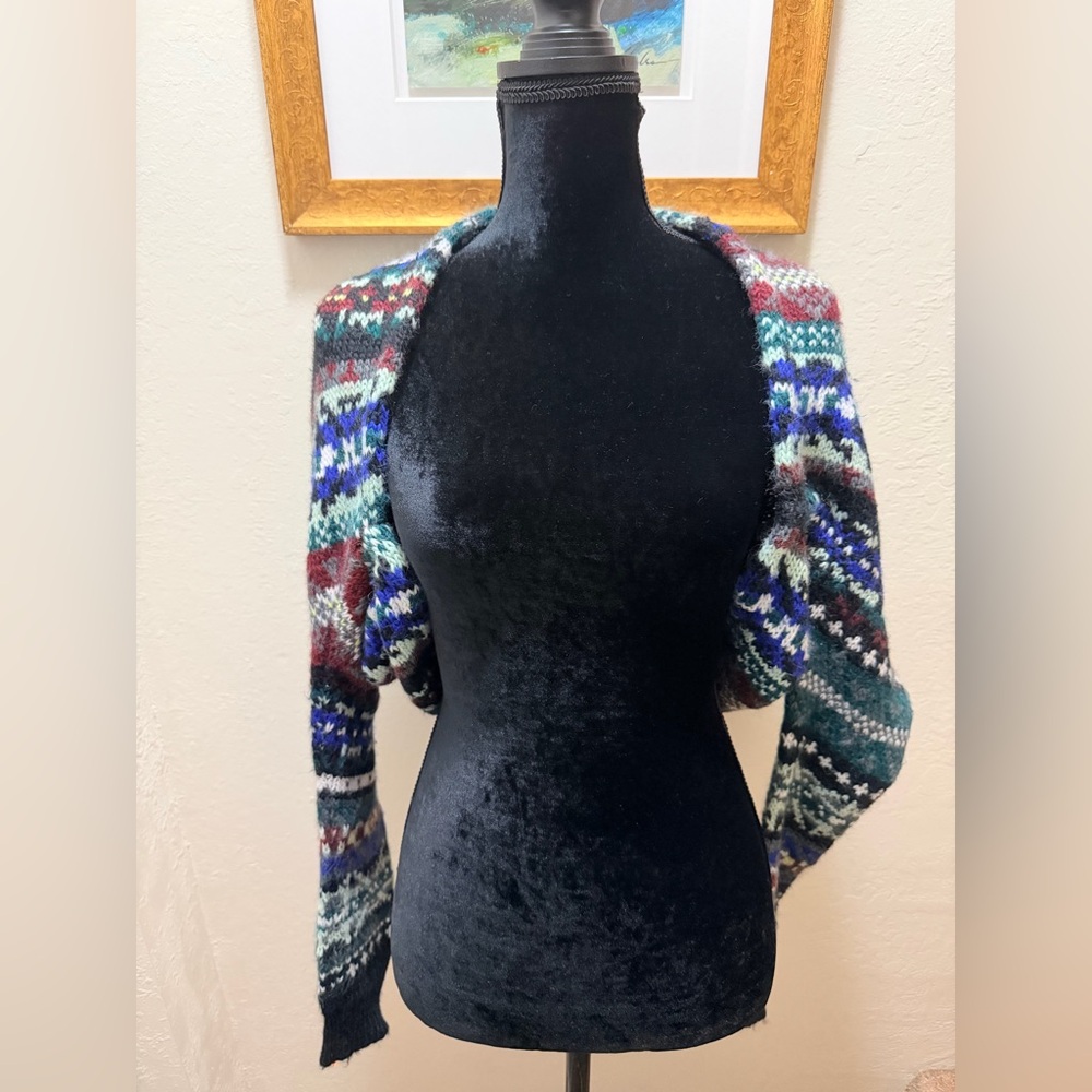 Free People Carnival Fair Isle Knit Shrug cropped open-front bolero sweater M - Picture 3 of 9